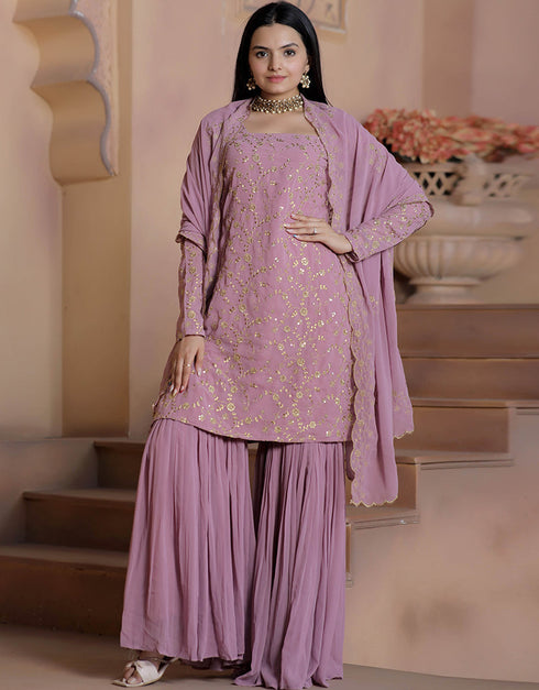 Traditional Function Wear Readymade Suit Collection Lavender Faux Georgette Sarara Suit Close-up View